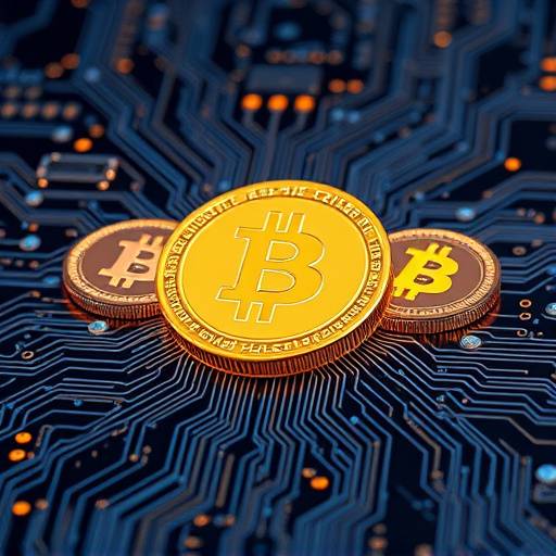 Image of various cryptocurrencies overlaid on a digital circuit board.